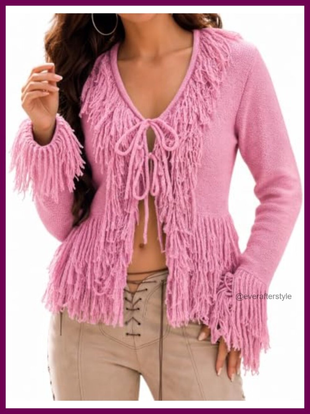 Womens Fringe Cardigan Tie Front Cowgirl Western Tassel Knit Sweater